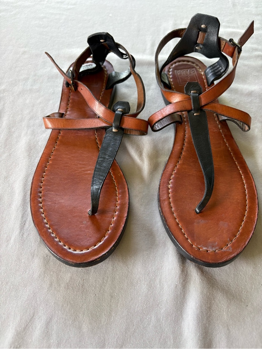 Frye Brown and Black Leather T-Strap Sandals